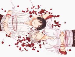 Rule 34 | 10s, 2boys, black hair, brown eyes, collared shirt, cubisticking, closed eyes, from above, highres, jewelry, katsuki yuuri, lying, male focus, multiple boys, on back, petals, ring, shirt, silver hair, string, string of fate, unbuttoned, viktor nikiforov, yaoi, yuri!!! on ice