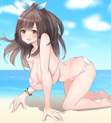 Rule 34 | 1girl, all fours, amrita (amber78gou), ass, bikini, blue bow, blush, bow, breasts, brown eyes, brown hair, butt crack, cleavage, collarbone, day, full body, idolmaster, idolmaster shiny colors, large breasts, long hair, micro bikini, open mouth, outdoors, ponytail, ribbon, smile, solo, swimsuit, tsukioka kogane, underboob