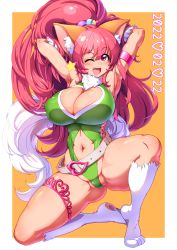 Rule 34 | 1girl, 2022, absurdres, animal ears, animal hands, birthday, blush, breasts, cat ears, cat tail, cleavage, cleavage cutout, clothing cutout, curvy, fang, fat mons, gloves, green leotard, hand in own hair, highres, large breasts, leotard, long hair, looking at viewer, navel, one eye closed, open mouth, partially visible vulva, perisie (star ocean), pink hair, ponytail, red eyes, ryoi, shiny skin, simple background, sitting, smile, solo, star ocean, star ocean first departure, tail, thong leotard, very long hair, wide hips, wink