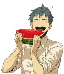 Rule 34 | 1boy, bags under eyes, blush stickers, breast pocket, closed eyes, collared shirt, facing viewer, fate/grand order, fate (series), fingernails, food, fruit, grey hair, holding, holding food, holding fruit, kokujin youhei, male focus, open mouth, pocket, saitou hajime (fate), shirt, simple background, solo, teeth, upper body, upper teeth only, watermelon, watermelon slice, white background, white shirt
