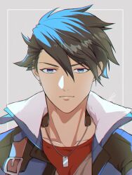 Rule 34 | 1boy, blue coat, blue eyes, blue hair, closed mouth, coat, collarbone, commentary, eiyuu densetsu, grey background, hair between eyes, highres, il (il suffered), inset border, jewelry, kuro no kiseki, male focus, necklace, red shirt, shirt, short hair, simple background, solo, upper body, van arkride