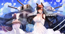 Rule 34 | 2girls, animal ears, atago (azur lane), azur lane, bare shoulders, black hair, blue flower, blue sky, blush, bouquet, breasts, bridal veil, brown eyes, cannon, catbii, choker, closed mouth, cloud, day, dress, elbow gloves, extra ears, floating hair, flower, glint, gloves, holding, holding bouquet, jewelry, large breasts, long hair, looking at viewer, mole, mole under eye, multiple girls, ornate ring, rigging, ring, sky, smile, strapless, strapless dress, swept bangs, takao (azur lane), tiara, turret, twitter username, veil, wedding dress, wedding ring, white dress, white gloves, wind