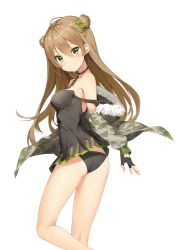 Rule 34 | 1girl, ahoge, ass, bad id, bad pixiv id, black gloves, black panties, blush, bow, breasts, brown hair, camisole, camouflage, camouflage jacket, closed mouth, double bun, fingerless gloves, from behind, fur trim, girls&#039; frontline, gloves, green bow, green eyes, hair between eyes, hair bow, hair bun, highres, jacket, kneepits, long hair, looking at viewer, looking back, medium breasts, mokew, open clothes, open jacket, panties, rfb (girls&#039; frontline), sidelocks, simple background, smile, solo, strap slip, thighs, tsurime, underwear, white background