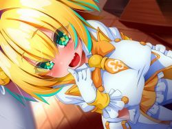 Rule 34 | 1girl, :d, aqua hair, blonde hair, blush, bombergirl, bow, bowtie, breasts, cowboy shot, dutch angle, finger to mouth, flower-shaped pupils, frilled skirt, frills, fuzukikai, gloves, green eyes, indoors, large breasts, looking at viewer, multicolored hair, naughty face, open mouth, orange bow, orange skirt, pine (bombergirl), puffy sleeves, shirt, short hair, skirt, smile, solo, streaked hair, symbol-shaped pupils, two-tone hair, white gloves, white shirt, wooden floor