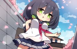 Rule 34 | 1girl, :o, black hair, blue sailor collar, blue skirt, blue sky, blush, breasts, building, cloud, commentary request, day, green eyes, hair between eyes, hand up, headphones, headphones around neck, highres, holding strap, kyoumachi seika, medium breasts, milkpanda, neckerchief, outdoors, parted lips, petals, pleated skirt, puffy short sleeves, puffy sleeves, red neckerchief, sailor collar, school uniform, serafuku, shirt, short eyebrows, short sleeves, skirt, sky, solo, thick eyebrows, voiceroid, wall, white shirt, window