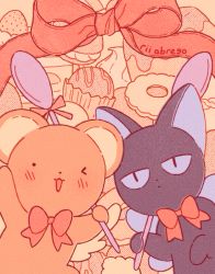 Rule 34 | . ., :&lt;, ;3, animal focus, arm up, blue eyes, blush, bow, bowtie, cardcaptor sakura, closed mouth, cookie, creature, cropped, expressionless, food, food-themed background, fruit, hand up, holding, holding spoon, kero (cardcaptor sakura), looking at viewer, monochrome background, muted color, no humans, one eye closed, paid reward available, parted lips, red bow, red bowtie, red ribbon, ribbon, rii abrego, signature, slit pupils, smile, spoon, strawberry, suppi, sweets, thumbprint cookie, upper body, waving, waving arm, whipped cream, wings