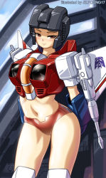 Rule 34 | 1girl, blush, decepticon, helmet, jilpoong17, mecha musume, navel, personification, red eyes, science fiction, solo, starscream, thighhighs, transformers, transformers: generation 1