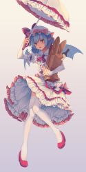 Rule 34 | 1girl, absurdres, alcohol, ascot, bag, baguette, bat wings, blue hair, bow, bread, cheese, chorizo, dress, fang, food, frills, high heels, highres, holding, holding umbrella, mechrailgun, paper bag, parasol, puffy sleeves, red bow, red eyes, red footwear, red ribbon, remilia scarlet, ribbon, ribbon trim, shade, short hair, short sleeves, simple background, solo, thighhighs, touhou, umbrella, white background, white dress, white thighhighs, wine, wings