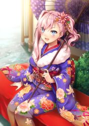 Rule 34 | 1girl, :d, absurdres, blue eyes, blue kimono, blush, breasts, brown footwear, cherry blossom print, commentary request, earrings, fate/grand order, fate (series), floral print, flower, furisode, hair between eyes, hair flower, hair ornament, highres, holding, holding umbrella, japanese clothes, jewelry, kimono, long hair, medium breasts, miyamoto musashi (fate), obi, oil-paper umbrella, open mouth, pink hair, print kimono, print umbrella, purple umbrella, red flower, samoore, sash, side ponytail, sitting, smile, solo, stud earrings, umbrella, yellow flower