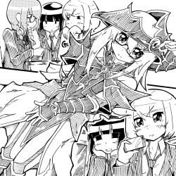 Rule 34 | 3girls, bare shoulders, bitadoro, boots, braid, breasts, glasses, greyscale, hat, highres, long hair, magician&#039;s valkyria, monochrome, multiple girls, necktie, short hair, witch hat, yu-gi-oh!