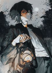 Rule 34 | 1boy, black hair, black jacket, black pants, blue eyes, commentary request, from below, highres, holding, holding lantern, jacket, jewelry, lantern, looking at viewer, male focus, necklace, open clothes, open jacket, original, orniflop, pants, sample watermark, scar, scar on face, shirt, short hair, solo, underlighting, watermark, white shirt