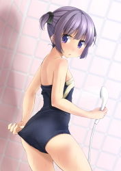 Rule 34 | 1girl, :o, adjusting clothes, adjusting swimsuit, ass, bare arms, bare shoulders, black ribbon, blurry, blurry background, blush, breasts, brick wall, clothes pull, commentary request, depth of field, dutch angle, hair between eyes, hair ribbon, highres, holding, nose blush, one-piece swimsuit pull, original, parted lips, purple hair, ribbon, school swimsuit, shibacha, shower head, sidelocks, small breasts, solo, swimsuit, twintails, water, wet
