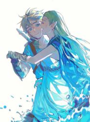 Rule 34 | 1boy, 1girl, artist name, blonde hair, blue cape, blue eyes, blue tunic, bruise, cape, closed eyes, closed mouth, collarbone, commentary request, couple, dress, fingerless gloves, from side, gloves, hair between eyes, highres, holding hands, injury, iuew, light blush, link, long hair, looking at another, nintendo, open mouth, pointy ears, princess, princess zelda, profile, short sleeves, simple background, sleeveless, sleeveless dress, smile, the legend of zelda, the legend of zelda: breath of the wild, water, weapon, weapon on back, white dress