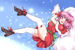 Rule 34 | 1girl, :d, :o, ahoge, ankle boots, bad id, bad pixiv id, blush, boots, capelet, christmas, fur trim, gloves, holding, kanda aya, legs, mashiba mariko, open mouth, original, pink eyes, pink hair, red gloves, ribbon, sack, short hair, smile, snowing, solo, tareme, thighhighs, thighs, white thighhighs
