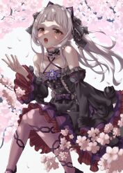 Rule 34 | 1girl, absurdres, animal ears, black dress, black footwear, black sleeves, blunt bangs, blush, breasts, cat ears, cat girl, chain print, cherry blossoms, choker, commentary, criss-cross halter, detached sleeves, dress, frilled choker, frills, gothic lolita, grey hair, halterneck, highres, hololive, layered dress, lolita fashion, long hair, looking at viewer, mary janes, mitsu 3 33, murasaki shion, murasaki shion (gothic lolita), open mouth, pantyhose, shoes, short dress, sidelocks, sitting on branch, small breasts, solo, virtual youtuber, white choker, yellow eyes