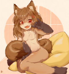 Rule 34 | 1girl, :d, animal ears, brown hair, fang, fox, fox ears, fox tail, furry, furry female, hair ornament, highres, looking at viewer, nude, open mouth, orange eyes, original, simple background, sitting, smile, solo, sudumenooyado, tail, w