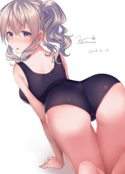 Rule 34 | 1girl, arm support, ass, back, blue eyes, blush, from behind, haruno suzune, kantai collection, kashima (kancolle), looking at viewer, looking back, silver hair, simple background, solo, swimsuit, thighs, twintails, wavy hair, white background