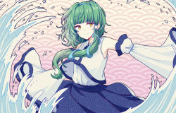 Rule 34 | 1girl, blue skirt, closed mouth, collared shirt, commentary request, detached sleeves, frog hair ornament, green hair, hair ornament, hair tubes, hydrokinesis, kochiya sanae, light blush, long hair, long skirt, looking at viewer, outstretched arm, partial commentary, shirt, sidelocks, skirt, sleeveless, sleeveless shirt, smile, snake hair ornament, solo, standing, touhou, uranaishi (miraura), water, waves, white sleeves, yellow eyes