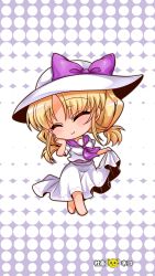 Rule 34 | 1girl, barefoot, blonde hair, bow, chibi, commentary request, closed eyes, hand on own face, hat, hat bow, highres, holding, holding clothes, holding skirt, louise (touhou), medium hair, purple bow, purple sailor collar, sailor collar, shachikuneko000, shirt, skirt, smile, sun hat, touhou, touhou (pc-98), twintails, white shirt, white skirt