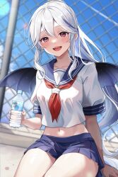 Rule 34 | 1girl, arm support, bat wings, blue sailor collar, blue skirt, blue sky, blush, bottle, chain-link fence, collarbone, commentary request, day, fangs, fence, hair between eyes, highres, holding water, lens flare, looking at viewer, midriff peek, navel, open mouth, original, outdoors, red eyes, sailor collar, school uniform, second-party source, serafuku, short sleeves, sitting, skirt, sky, smile, solo, thighs, water bottle, white hair, white serafuku, wings, yoshiki1020