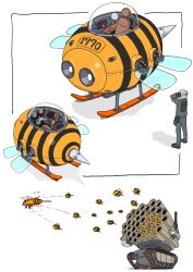 Rule 34 | 1other, absurdres, animal-themed vehicle, bee, bug, caterpillar tracks, gatling santouhei, helmet, highres, insect, multiple views, original, ornithopter, simple background, stinger, vehicle focus, white background