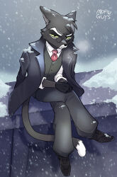 1boy animal_ears artist_name black_coat black_footwear black_gloves black_pants black_vest cat_boy cat_ears cat_tail closed_mouth coat coat_on_shoulders commentary english_commentary furry furry_male gloves highres lackadaisy looking_at_viewer male_focus mofu_gays mordecai_heller necktie pants red_necktie round_eyewear shirt sitting snow tail vest white_shirt