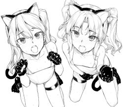 Rule 34 | 2girls, animal ears, animal hands, bell, bikini, black gloves, blush, cat ears, cat paws, cat tail, collarbone, eyelashes, female focus, flat chest, full body, gloves, greyscale, h kasei, hair bell, hair bobbles, hair ornament, heart, heart-shaped pupils, kneeling, long hair, looking at viewer, micro bikini, monochrome, multiple girls, open mouth, original, paw gloves, paw pose, paw shoes, saliva, sidelocks, simple background, sweat, swimsuit, symbol-shaped pupils, tail, teeth, thigh strap, tongs, tongue, tongue out, twintails, two side up, upper teeth only, white background