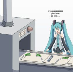 +_+ 1girl :o aqua_eyes aqua_hair aqua_necktie artist_logo artist_name black_skirt black_sleeves bomb collared_shirt commentary conveyor_belt dated detached_sleeves digiral english_commentary english_text explosive grey_shirt hatsune_miku headphones highres i_guess_we_doin_circles_now_(meme) long_hair long_sleeves looking_at_object meme miniskirt necktie open_mouth pipe_bomb pleated_skirt shirt simple_background skirt sleeveless sleeveless_shirt solo spring_onion standing twintails very_long_hair vocaloid white_background wide_sleeves woah_pipe_bomb_(meme)