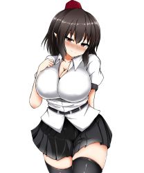 Rule 34 | 1girl, alternate breast size, arm behind back, black hair, black skirt, black thighhighs, blush, breasts, cleavage, closed mouth, collarbone, collared shirt, hand on own chest, hat, head tilt, highres, isshin (sasayamakids), large breasts, looking at viewer, miniskirt, nose blush, pleated skirt, pointy ears, red eyes, red hat, shameimaru aya, shirt, short hair, simple background, skirt, smile, solo, thighhighs, tokin hat, touhou, white background, white shirt, wing collar, zettai ryouiki