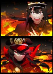 Rule 34 | 1672, 1boy, 1girl, anime coloring, black border, black cape, black hair, border, brother and sister, cape, constricted pupils, fate/grand order, fate (series), fire, floating hair, gloves, hair over one eye, hand on own chest, hat, koha-ace, long hair, oda nobukatsu (fate), oda nobunaga (fate), oda nobunaga (koha-ace), ponytail, red cape, red eyes, shako cap, siblings, sidelocks, split screen, white gloves