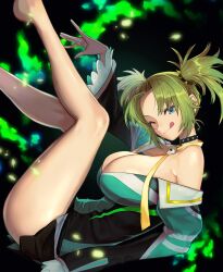 Rule 34 | 1girl, absurdres, alternate breast size, bare legs, breasts, choker, cleavage, commentary, commission, droite (tales), english commentary, from side, green eyes, green hair, green nails, hachirou (crazy318), hair rings, highres, large breasts, legs, legs up, looking at viewer, official alternate costume, short hair, sidelocks, skirt, skull brooch, smile, solo, tales of (series), tales of vesperia, thighs, tongue, tongue out, twintails