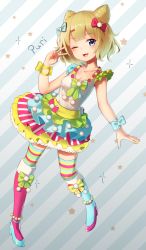 Rule 34 | 1girl, asymmetrical footwear, bad id, bad pixiv id, blonde hair, boots, breasts, character name, commentary request, cone hair bun, diagonal stripes, full body, gradient background, hair bun, highres, knee boots, layered skirt, minami mirei, mismatched footwear, multicolored clothes, multicolored legwear, multicolored stripes, nail polish, one eye closed, pretty series, pripara, pyonsuke (pyon2 mfg), short hair, skirt, small breasts, solo, standing, striped background, striped clothes, striped thighhighs, thighhighs, two-tone background, v, zettai ryouiki