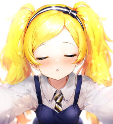 Rule 34 | :o, blonde hair, blue dress, blush, closed eyes, dress, emily stewart, hairband, highres, idolmaster, idolmaster million live!, incoming kiss, long hair, necktie, open mouth, pov, qianlou (qianlou12374), shirt, striped necktie, suspenders, twintails, white shirt