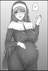 Rule 34 | 1girl, blush, breasts, gloves, greyscale, hand on own stomach, headwear request, heart, lactation, lactation through clothes, large breasts, long hair, monochrome, mushymushy desu, nijisanji, nun, pregnant, sister claire, sister claire (1st costume), smile, solo, spoken heart, virtual youtuber