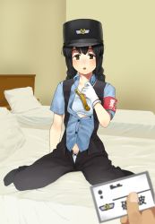 Rule 34 | 1girl, 1other, armband, bed, bedroom, black eyes, black hair, black pants, black vest, blue bra, blue shirt, blurry, bow, bow panties, bra, braid, depth of field, dress shirt, employee uniform, female service cap, gloves, hair between eyes, hat, highres, id card, isonami (kancolle), kantai collection, kepi, looking at viewer, military hat, on bed, open fly, open mouth, panties, pants, pillow, shirt, short sleeves, sidelocks, sitting, sports bra, tooku nomura (artist), train conductor, twin braids, underwear, uniform, vest, wariza, whistle, whistle around neck, white gloves, white panties