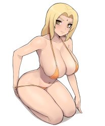 Rule 34 | 1girl, absurdres, arched back, bikini, bikini pull, blonde hair, blush, breasts, brown eyes, cleavage, closed mouth, clothes pull, donburi (donburikazoku), female focus, highres, kneeling, large breasts, lips, long hair, looking at viewer, mature female, naruto, naruto (series), navel, orange bikini, parted bangs, ponytail, pulling own clothes, simple background, sitting, skindentation, solo, string bikini, swimsuit, thighs, tsunade (naruto), white background