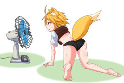 Rule 34 | 1girl, ahoge, all fours, animal ear fluff, animal ears, ass, asymmetrical hair, barefoot, black panties, blonde hair, breasts, brown eyes, brown vest, clothes lift, collared shirt, commentary request, cookie (touhou), electric fan, feet, fox ears, fox girl, fox tail, full body, hot, medium hair, miramikaru riran, no bra, no pants, open mouth, panties, shirt, shirt lift, short sleeves, sidelocks, small breasts, soles, solo, sweat, tail, underwear, vest, white background, white shirt, yan pai