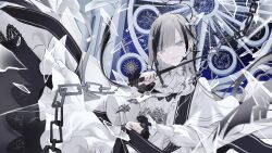 Rule 34 | 1girl, absurdres, black dress, black hair, blunt bangs, blurry, blurry foreground, chain, commentary request, dagger, dress, glass shards, grey eyes, grey hair, halo, highres, holding, holding clothes, holding dagger, holding dress, holding knife, holding weapon, knife, kotarou (kot mochi), lace trim, layered dress, long hair, long sleeves, looking at viewer, mensis iv aria reliquiae, multicolored clothes, multicolored dress, multicolored hair, parted lips, puffy long sleeves, puffy sleeves, sidelocks, solo, star (sky), streaked hair, very long hair, weapon, white dress