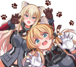 Rule 34 | anchor ornament, animal ears, bismarck (kancolle), black panties, blonde hair, blue eyes, breasts, brown gloves, cat ears, chestnut mouth, cowboy shot, curled fingers, detached sleeves, gloves, green eyes, kantai collection, kuroten, large breasts, long hair, low twintails, military uniform, panties, paw print, prinz eugen (kancolle), twintails, underwear, uniform, upper body, white background, white gloves