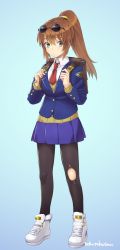 Rule 34 | 1girl, breasts, brown hair, eyewear on head, green eyes, highres, long hair, looking at viewer, murata tefu, pantyhose, ponytail, precis neumann, shoes, simple background, skirt, sneakers, solo, star ocean, star ocean anamnesis, star ocean the second story, torn clothes