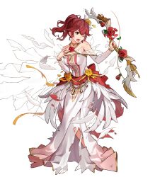 Rule 34 | 1girl, anna (fire emblem), bare shoulders, bow (weapon), breasts, broken, broken weapon, detached sleeves, dress, feather trim, fire emblem, fire emblem awakening, fire emblem heroes, full body, gold trim, gradient clothes, hair ornament, halterneck, hand up, highres, holding, holding bow (weapon), holding weapon, konfuzikokon, long dress, long hair, looking away, medium breasts, nintendo, non-web source, official art, one eye closed, open mouth, petals, ponytail, red eyes, red hair, skirt, solo, stuffed animal, stuffed toy, sweatdrop, teddy bear, teeth, torn clothes, torn dress, torn skirt, transparent background, upper teeth only, weapon, wedding dress, white dress