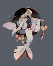Rule 34 | 1boy, barefoot, blue shirt, closed eyes, closed mouth, colored eyelashes, colored tips, facing down, floating, flower, full body, grey background, hands up, highres, lian yao, light smile, long hair, lotus, male focus, multicolored hair, obi, original, outstretched arms, personification, pink flower, purple shawl, red hair, sash, shawl, shirt, sidelocks, skin tight, sleeveless, solo, turtleneck, two-tone hair, virgo (zodiac), wavy hair, white hair, zodiac