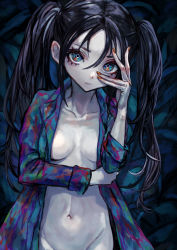 Rule 34 | 1girl, absurdres, black hair, breasts, collarbone, female focus, groin, hair between eyes, highres, looking at viewer, medium breasts, multicolored eyes, nail polish, naked shirt, navel, open clothes, open shirt, original, pale skin, red nails, sabamiso taro, shirt, solo, twintails