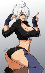 Rule 34 | angel (kof), blue eyes, boots, breasts, cowboy boots, hair over one eye, highres, mergeritter, mexico, smile, solo, the king of fighters, white hair