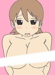Rule 34 | 1girl, arms behind back, blush, breasts, brown hair, censored, convenient censoring, grey eyes, large breasts, light censor, light rays, looking at viewer, nude, open mouth, original, pink background, short hair, simple background, solo, upper body, ura basi2