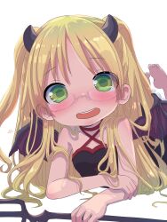 Rule 34 | 1girl, :d, absurdres, bare shoulders, black dress, blonde hair, blush, breasts, collarbone, demon horns, demon wings, dress, feet up, glasses, green eyes, highres, holding trident, horns, long hair, looking at viewer, lying, made in abyss, on stomach, open mouth, polearm, riko (made in abyss), sekaineko 001, simple background, small breasts, smile, solo, trident, twintails, weapon, white background, wings