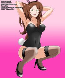 Rule 34 | 1girl, absurdres, arms behind head, artist name, breasts, brown hair, gradient background, green eyes, hasegawa seiko, highres, large breasts, leotard, lingerie, navel, playboy bunny, simple background, smile, solo, squatting, thighhighs, tokinaga arts, underwear