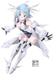 Rule 34 | 1girl, ahoge, alpha (acerailgun), android, bare shoulders, blue hair, boots, borrowed character, breasts, elbow gloves, eudetenis, full body, gloves, highres, original, red eyes, simple background, small breasts, solo, thigh boots, thighhighs, white background