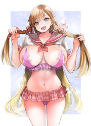 Rule 34 | 1girl, alternate breast size, areola slip, argyle, argyle clothes, argyle skirt, bikini, blonde hair, breasts, cleavage, final fantasy, final fantasy xiv, frills, highres, holding, holding hair, huge areolae, huge breasts, long hair, looking at viewer, navel, ombre, ooshima ryou, orange hair, ryne waters, sailor collar, swimsuit, very long hair