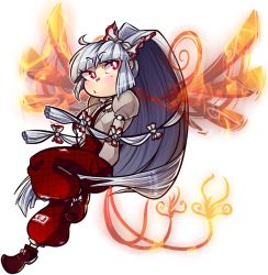 Rule 34 | 1girl, baggy pants, blunt bangs, bow, bright pupils, dosh, fiery wings, fire, footwear bow, fujiwara no mokou, full body, hair bow, hair ribbon, hand in pocket, high ponytail, knee up, long hair, long sleeves, looking at viewer, ofuda, ofuda on clothes, outline, pants, ponytail, red eyes, red footwear, red pants, ribbon, shirt, shoes, sidelocks, silver hair, simple background, solo, suspenders, tail, touhou, transparent background, very long hair, white background, white outline, white pupils, wide ponytail, wings